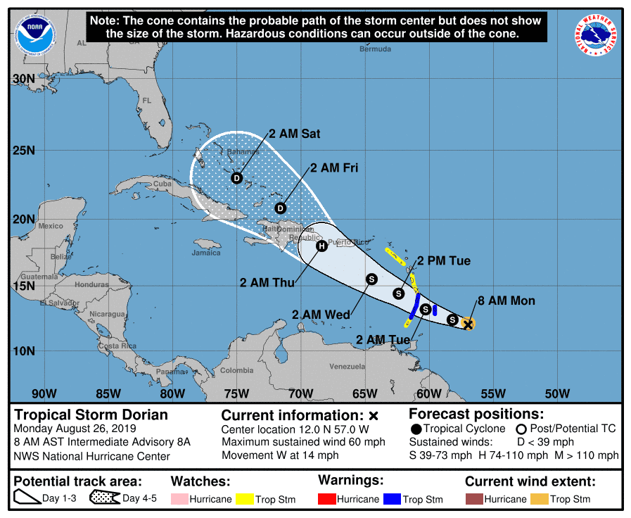 Tropical Storm Dorian Strengthening And Expected At Hurricane On Path ...