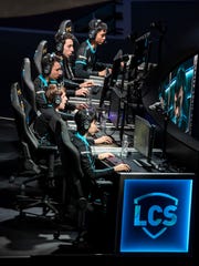 From bottom to top, Team Counter Logic Gaming players Kim "Ruin" Hyeong-min, Raymond "Wiggly" Griffin, Tristan "PowerOfEvil" Schrage, Trevor "Stixxay" Hayes and Vincent "Biofrost" Wang battle in the 3rd-4th place match with Team Clutch Gaming during the 2019 LCS Summer Finals at Little Caesars Arena on Aug. 24.