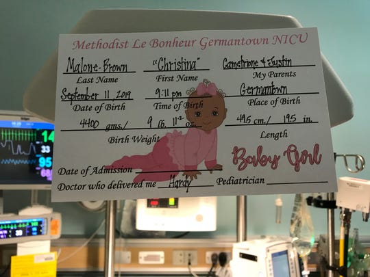 Christina Malone-Brown was born at 9:11 p.m. Sept. 11 at Methodist Le Bonheur Germantown. She weighed 9 pounds 11 ounces. She is the daughter of Cametrione Malone-Brown and Justin Brown.