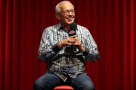 Cincinnati Reds Hall of Fame broadcaster Marty Brennaman, who is retiring at the end of the 2019 season, takes questions during a press conference, Tuesday, Sept. 24, 2019, at Great American Ball Park in Cincinnati. 