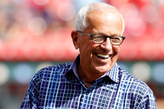 Retiring Reds broadcaster Marty Brennaman smiles after receiving a key to the city of Cincinnati on his last day before the MLB National League game between the Cincinnati Reds and the Milwaukee Brewers at Great American Ball Park in downtown Cincinnati on Thursday, Sept. 26, 2019.