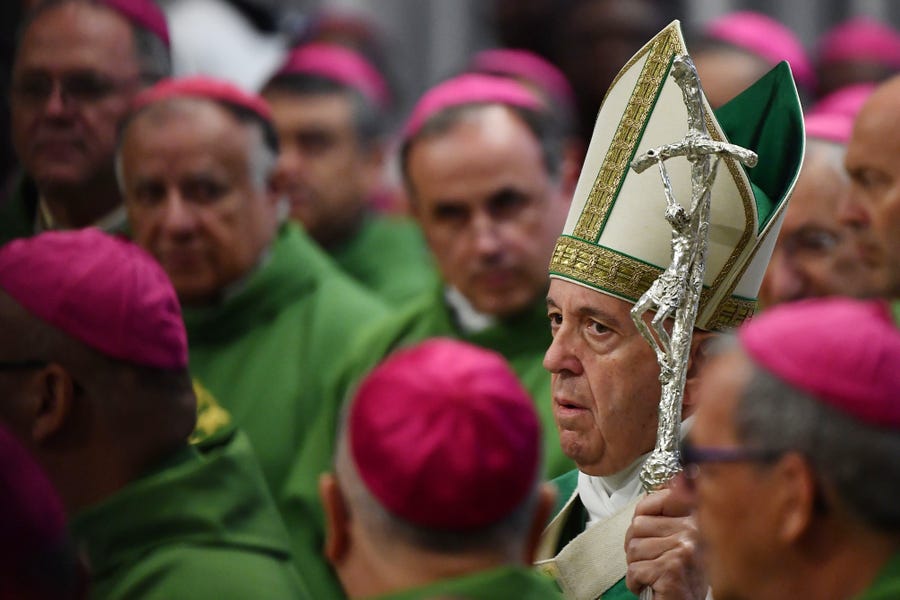 Pope Francis arrives to celebrate a mass  at St. Peter's Basilica in the Vatican, for the opening of the Special Assembly of the Synod of Bishops for the Pan-Amazon Region.