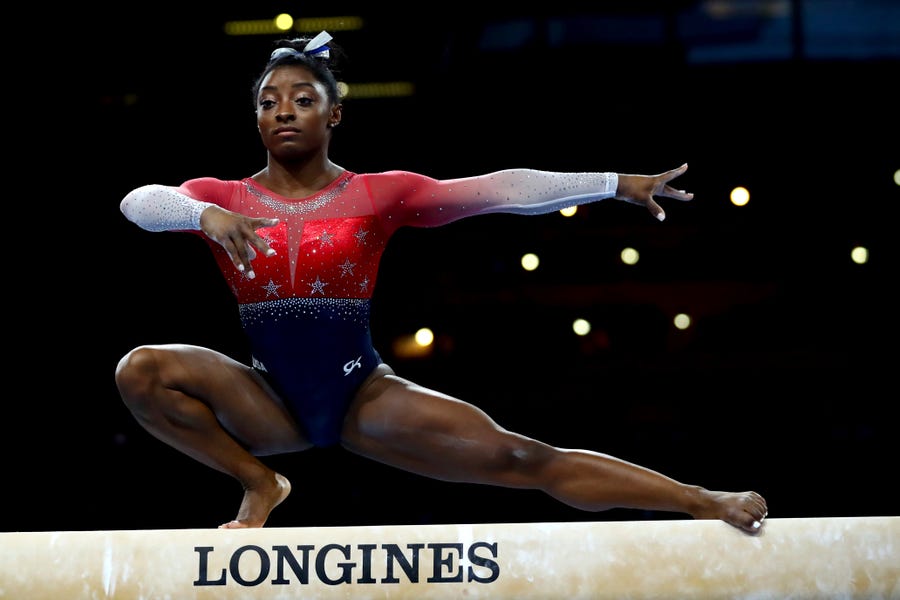 Simone Biles of the U.S. performs on the balance beam during women's team final at the Gymnastics World Championships in Stuttgart, Germany,