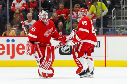 Red Wings goaltender Jonathan Bernier (45) replaces Jimmy Howard in the second period.