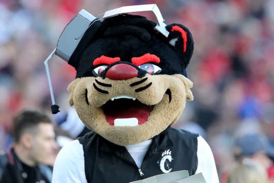 The Cincinnati Bearcat mascot wears a headset in the second quarter of a college football game against the Connecticut Huskies, Saturday, Nov. 9, 2019, at Nippert Stadium in Cincinnati. 