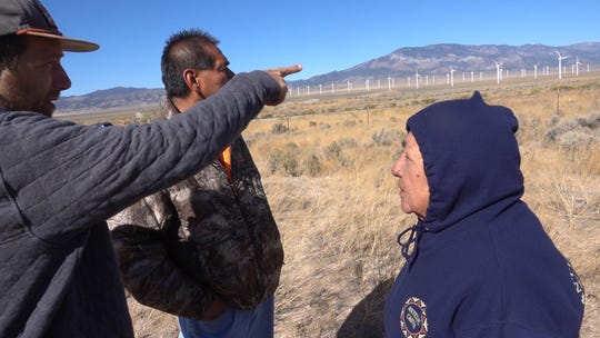 Kyle Roerink of the Great Basin Water Network, Jacob Steele of the Confederated Tribes of the Goshute Reservation and Delaine Spilsbury, an Ely Shoshone elder, visit the potential future site of a highway kiosk that would commemorate the Bahsahwahbee Traditional Cultural Property in White Pine County, Nev.