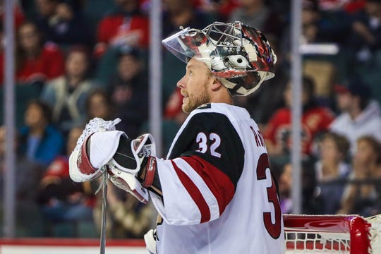 Coyotes goaltender Antti Raanta (32) reacts during the third period of a game against the Flames on Nov. 5 at Scotiabank Saddledome.