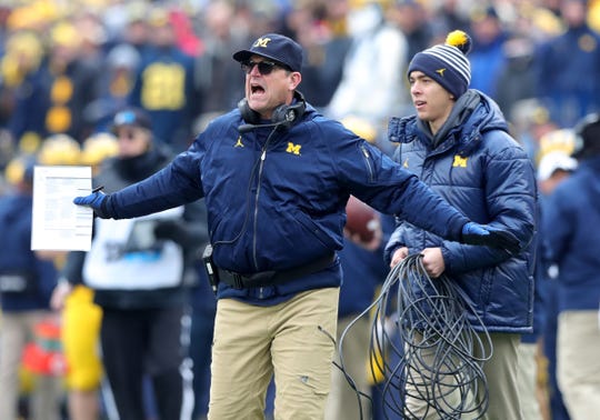 Michigan coach Jim Harbaugh during the first half vs. Ohio State, Saturday, Nov. 30, 2019, at Michigan Stadium.