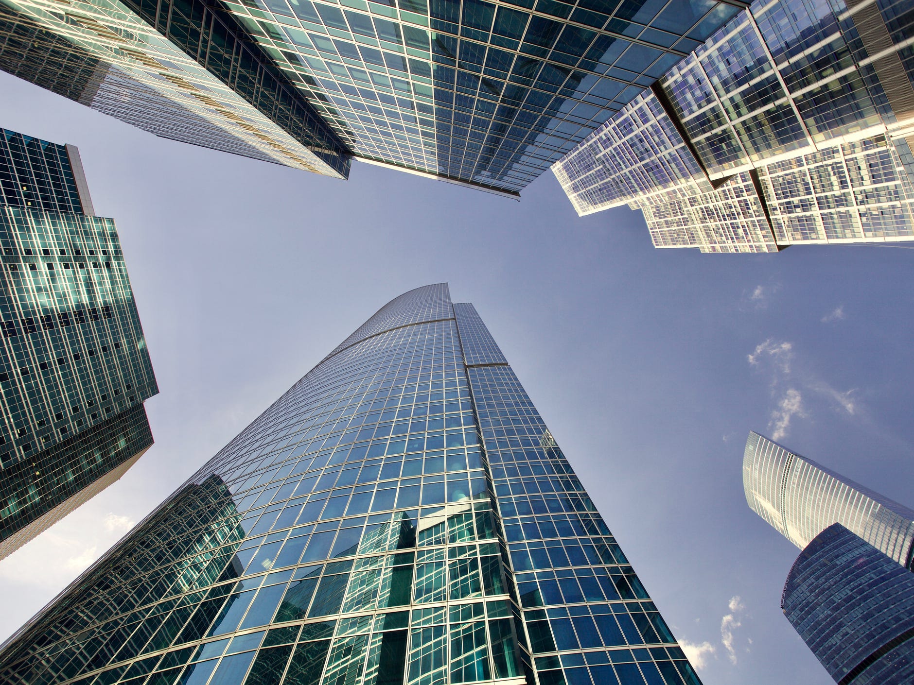 Office And Residential Skyscrapers Against Bright Clear Blue Sky