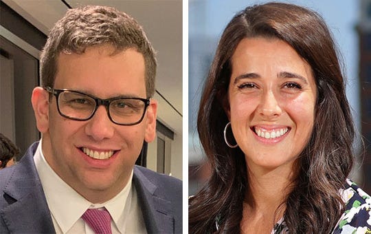 Adam Alonso, chief of staff to the 2020 DNC Host Committeee, left, and Liz Gilbert, the committee president, right