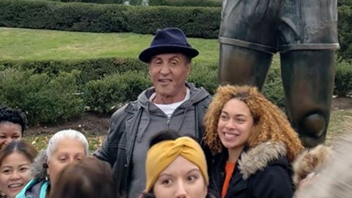 Students of Eastside High School in Paterson meet Sylvester Stallone at the famous 'Rocky' statue in Philadelphia.