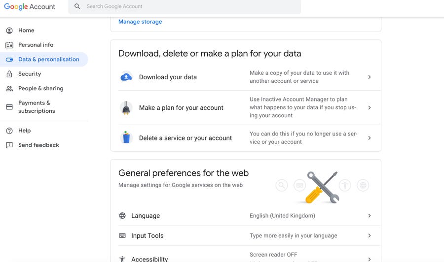 Google screen to download your data