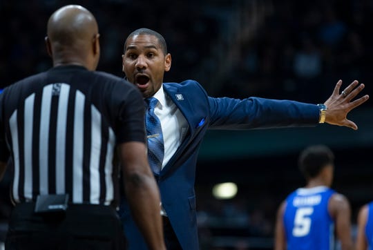 Butler Bulldogs head coach LaVall Jordan shows his frustration on a call with a ref during the game against the Creighton Bluejays at Hinkle Fieldhouse on Saturday, Jan. 4, 2020. 