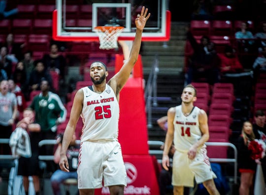 Ball State redshirt senior forward Tahjai Teague looks on during the Cardinals' 61-57 win against Toledo at Worthen Arena on Friday, Jan. 3, 2020.