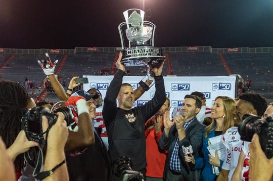 UL coach Billy Napier celebrates a win over Miami (Ohio) in last January's' LendingTree Bowl, which will part of the Sun Belt's lineup.