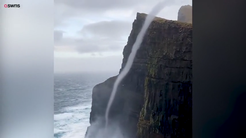 Waves form rare sea vortex at Denmark's Faroe Islands