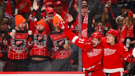 Detroit Red Wings center Dylan Larkin, left, celebrates his goal with Tyler Bertuzzi in the second period.