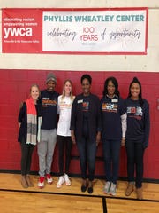 Celebrating the Phyllis Wheatley Center’s 100-year birthday all year: Karlyn Reel, YWCA director of public relations; J.D. Fuller, who oversees facilities and is also an after-school counselor; Bridget Baldau, PWC assistant director; Kathy Mack, PWC executive director; Annie Jones, ReCAB coordinator and past executive director; and Tierra Gordon, after-school counselor. Jan. 22, 2020.