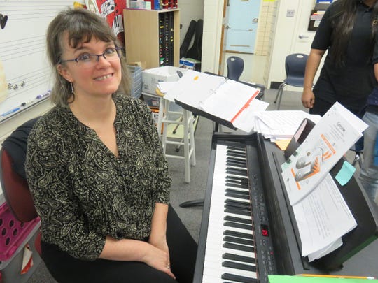 Cedar Bluff Middle School music teacher Edie Taylor behind her keyboard on Jan 22, 2020.