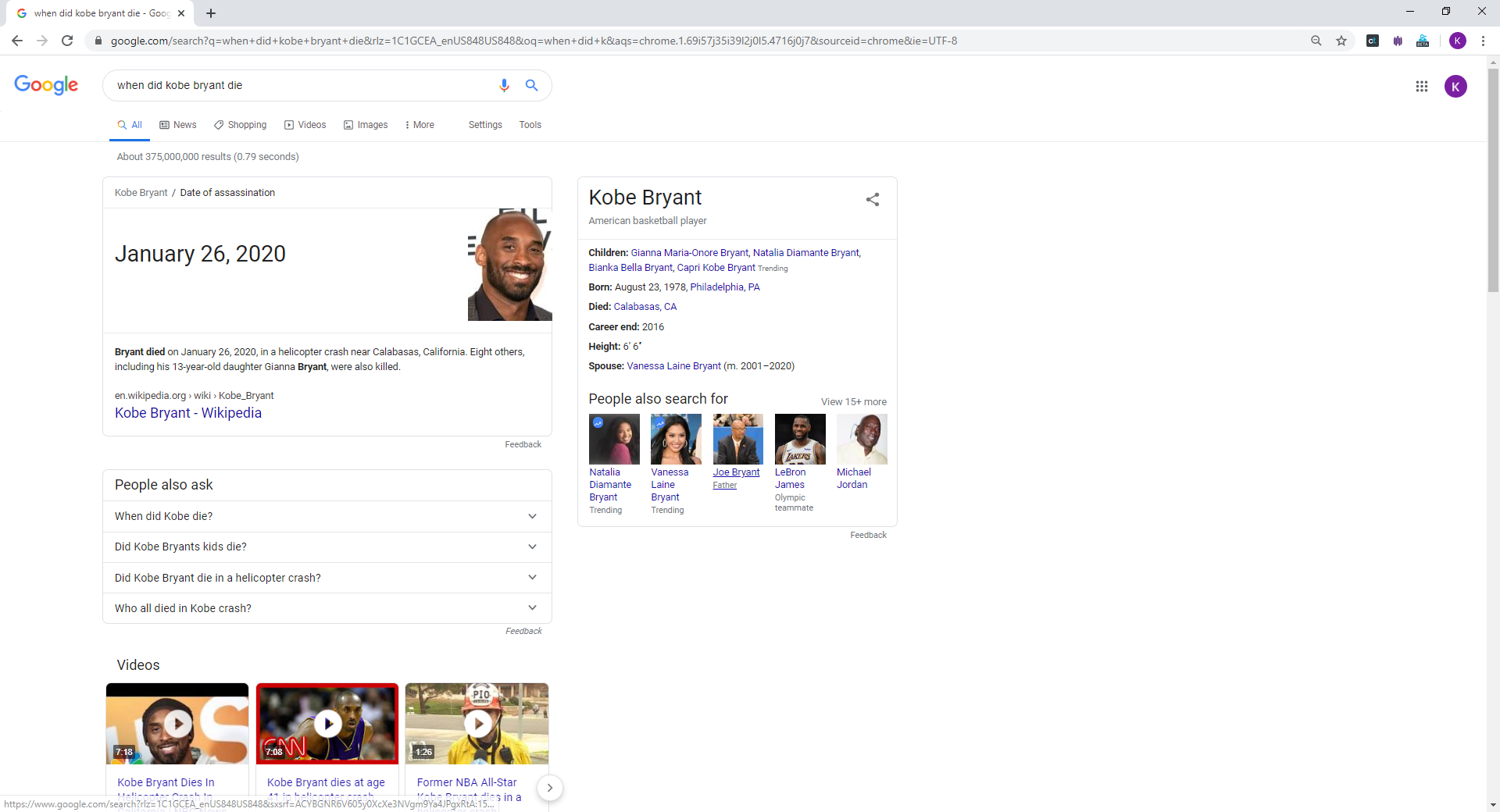 Kobe Bryant's death date no longer 