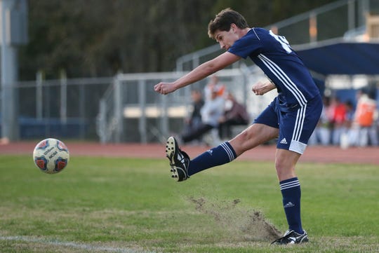 Maclay senior Luke Stockstill takes a shot as the Marauders' boys soccer team beat Lake Mary Prep 8-0 in a Region 1-2A semifinal on Feb. 15, 2020.