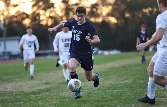 Maclay freshman RJ Hosay chases a through ball as the Marauders' boys soccer team beat Lake Mary Prep 8-0 in a Region 1-2A semifinal on Feb. 15, 2020.