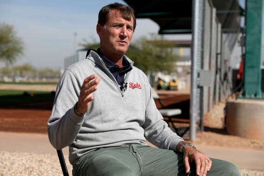 Cincinnati Reds President of Baseball Operations Dick Williams is interviewed by the television press, Tuesday, Feb. 18, 2020, at the baseball team's spring training facility in Goodyear, Ariz. 