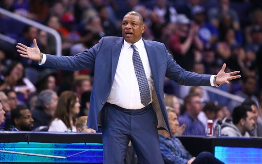 LA Clippers head coach Doc Rivers reacts during action against the Phoenix Suns in the first half at Talking Stick Resort Arena on Feb. 26, 2020 in Phoenix, Ariz.