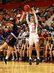 Seton Catholic guard Amanda Barcello (23) shoots a jumper over Sahuaro High guard Milaya Leon (40) in the 4A Girls basketball final at Veterans Memorial Coliseum on Feb. 29, 2020 in Phoenix, Ariz.