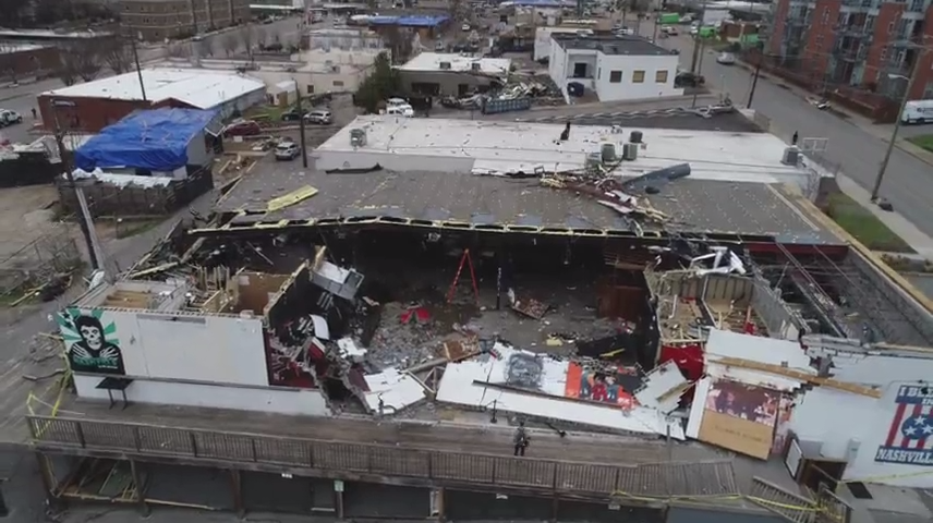 Drone footage shows Basement East tornado damage