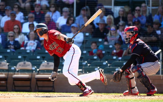 Arizona Diamondbacks Nick Ahmed grounds out to third base against the Cleveland Indians in the second inning during a Cactus League game on Mar. 4, 2020 at Salt River Fields at Talking Stick in Scottsdale, Ariz.