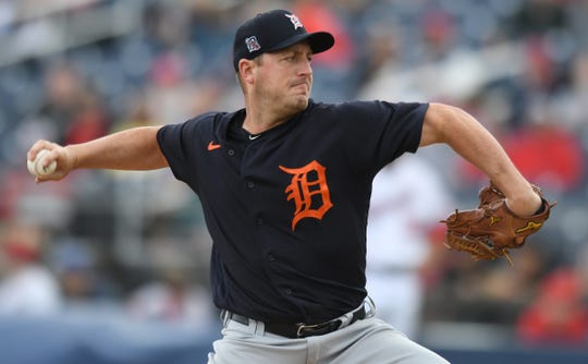 Detroit Tigers pitcher Jordan Zimmermann pitches against the Washington Nationals in the first inning March 8, 2020 in West Palm Beach, Fla.