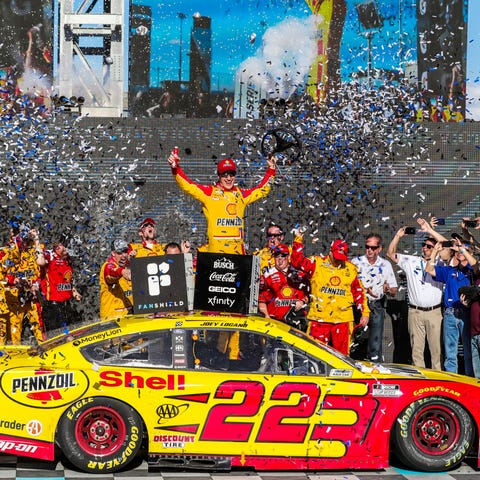 NASCAR Cup Series driver Joey Logano (22) celebrat