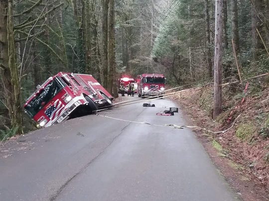 South Kitsap Fire & Rescue engine stuck as roadside crumbles