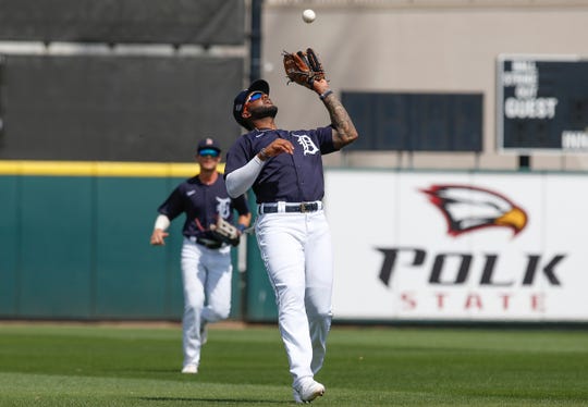 Mar 12, 2020; Lakeland, Florida, USA; Detroit Tigers left fielder Niko Goodrum (28) makes a catch during the fifth inning against the Atlanta Braves at Publix Field at Joker Marchant Stadium. Mandatory Credit: Reinhold Matay-USA TODAY Sports