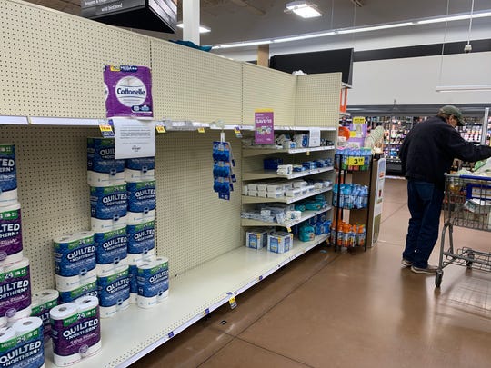 Supplies are dwindling at Kroger in Fountain City on Thursday, March 12, 2020