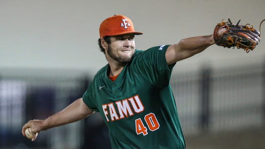 Florida A&M pitcher Kyle Coleman (40) during an NCAA baseball game against Florida on Wednesday, March 4, 2020, in Gainesville, Fla. (AP Photo/Gary McCullough)