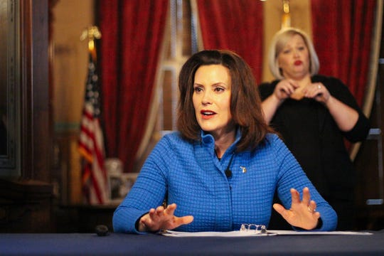 Gov. Gretchen Whitmer speaks about the spread of COVID-19 in Michigan during a press conference in Lansing on Thursday, March 26, 2020.