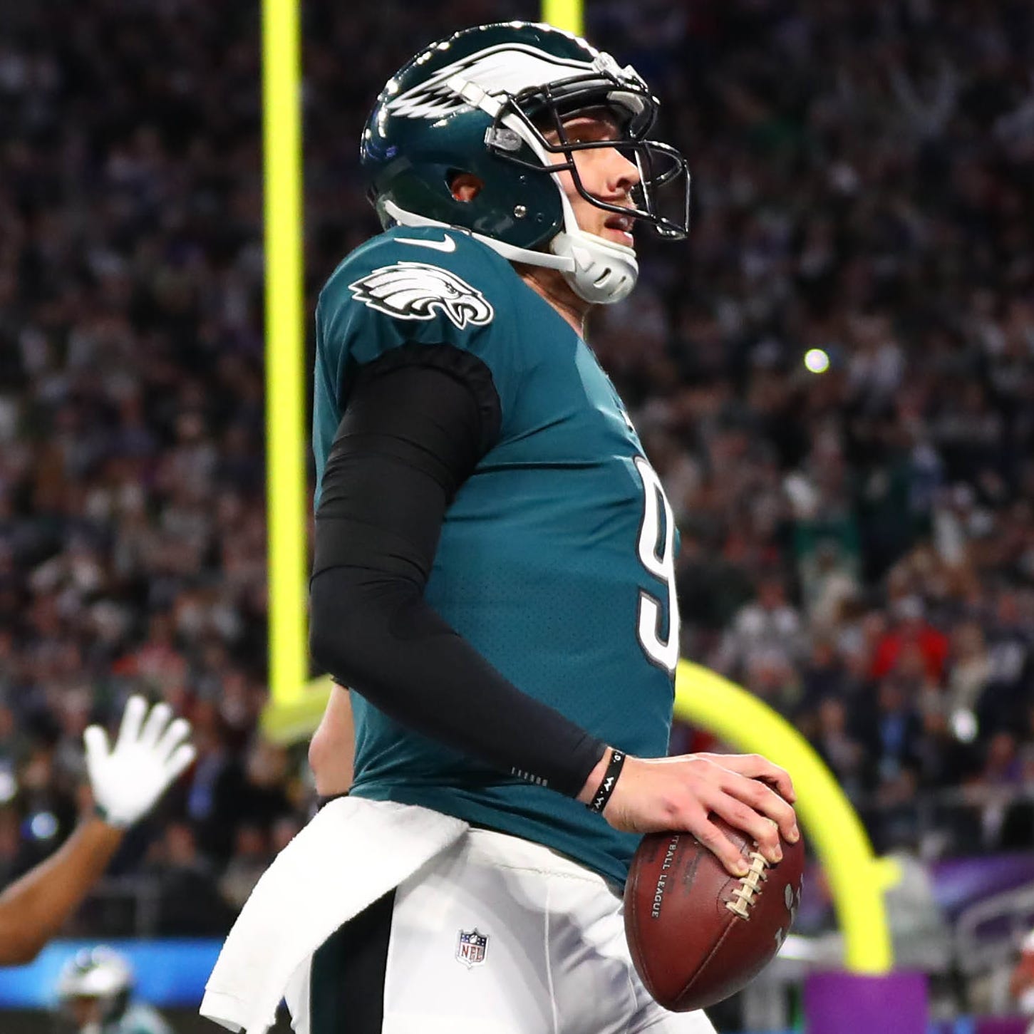 Philadelphia Eagles quarterback Nick Foles catches a touchdown pass against the New England Patriots in the second quarter in Super Bowl LII.