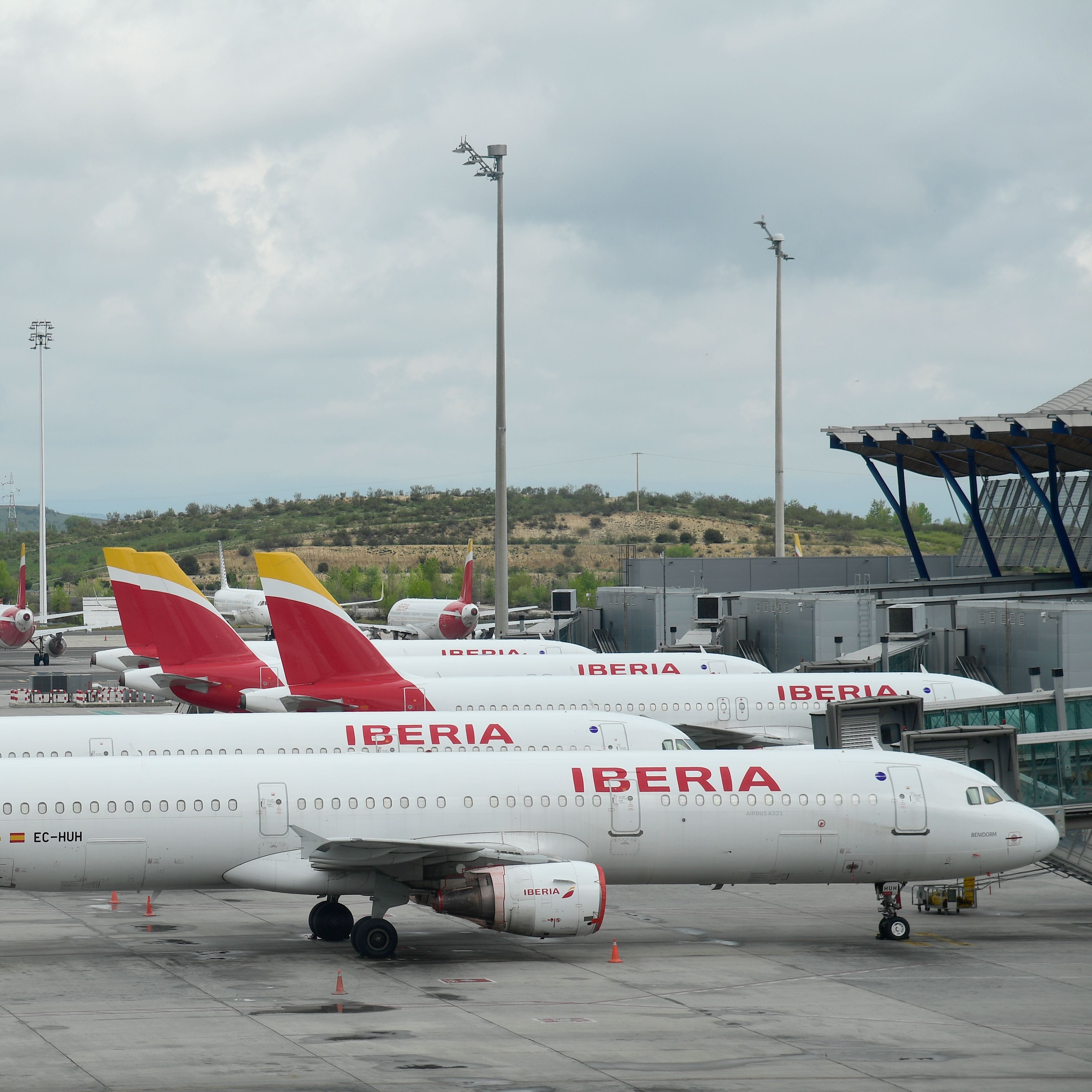 Iberia, the flagship carrier of Spain, has parked planes on the tarmac at Madrid-Barajas Adolfo Suarez Airport.