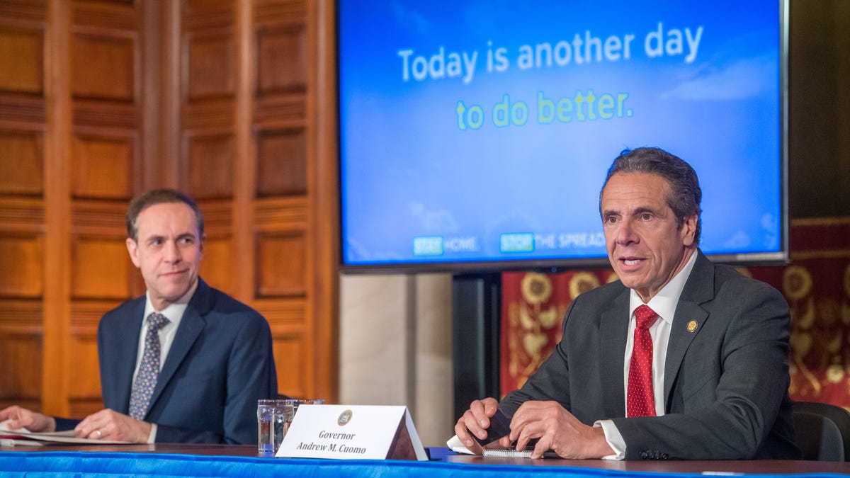 Gov. Andrew Cuomo delivers his daily press briefing on coronavirus alongside Health Commissioner Howard Zucker on April 30, 2020, at the state Capitol in Albany.