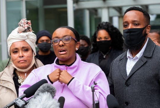 Monet Carter-Mixon, sister of Manuel Ellis, speaks at a press conference in front of the Pierce County Superior Court Thursday, June 4, 2020 regarding the killing of her brother by Tacoma police