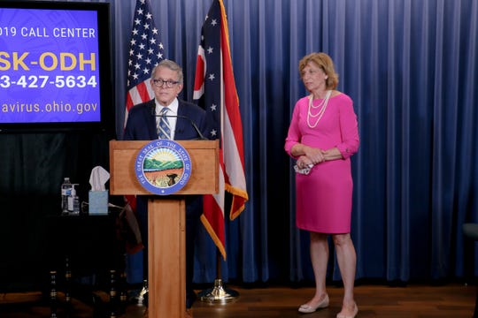 Ohio. Gov. Mike DeWine and First Lady Fran DeWine at a coronavirus briefing on June 23, 2020.