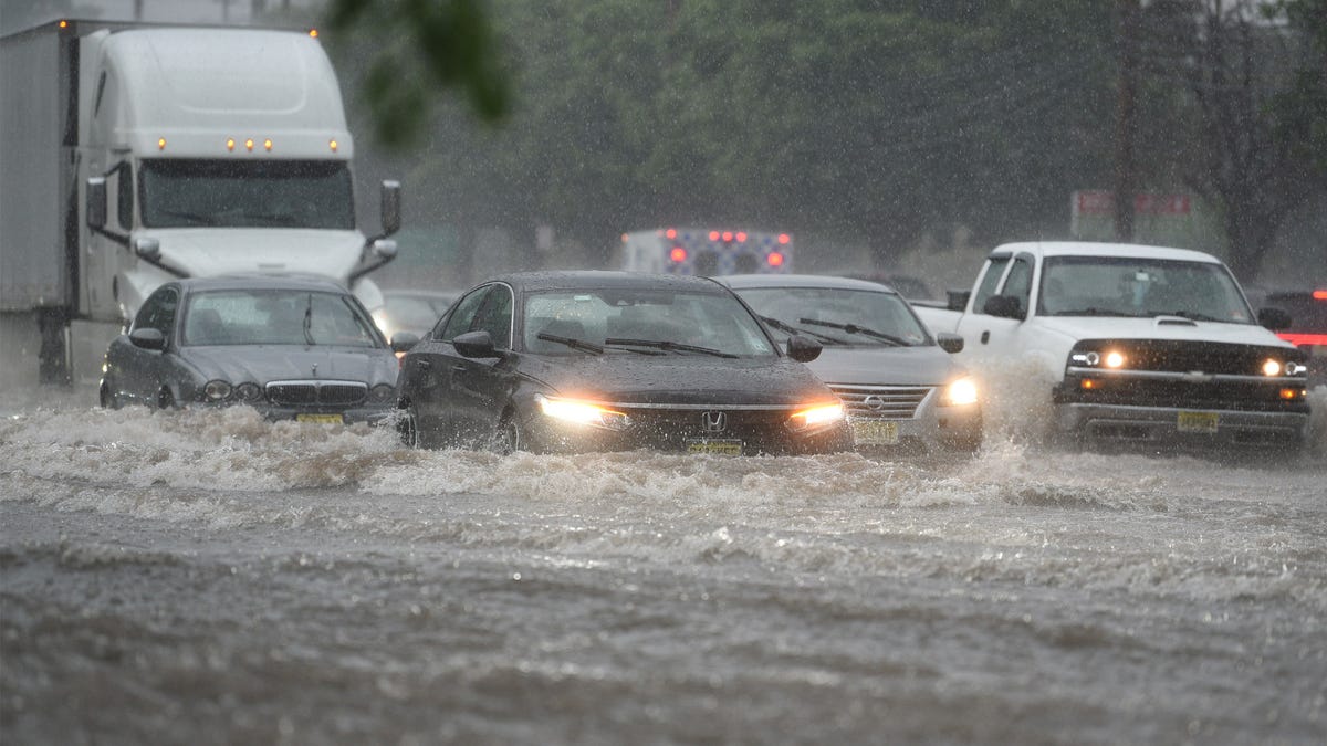 Hail falls during a sudden thunderstorm on Route 17 in Paramus NJ