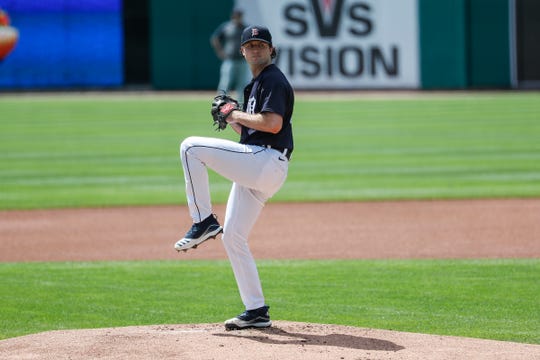 Detroit Tigers pitcher Casey Mize throws during summer camp at Comerica Park in Detroit, Tuesday, July 14, 2020.