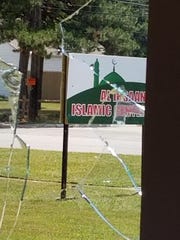 Broken window at Al Ihsaan Islamic Center, also known as Ideal Islamic Center, on 10 Mile Road in Warren. Leaders say the mosque was vandalized Friday, July 10, 2020. Led by immigrants from Bangladesh, the mosque was formerly a Lutheran church and school.