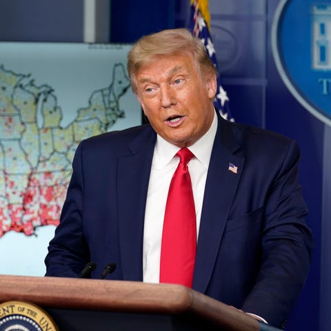 President Donald Trump speaks during a news confer