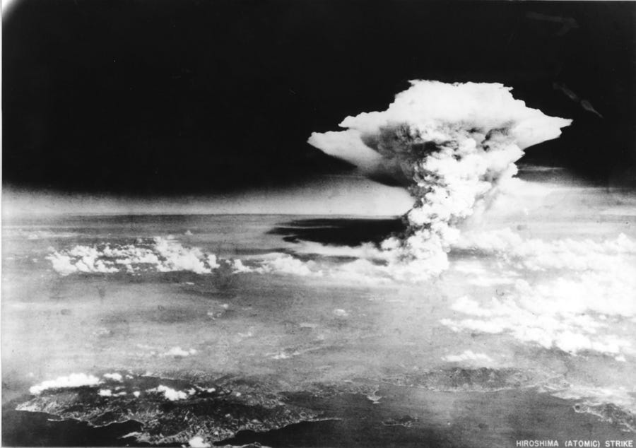 The atomic bomb named "Little Boy" released a towering mushroom cloud over the city of Hiroshima, Japan, on Aug. 6, 1945.