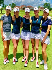 Aug. 3, 2020; Phoenix Pinnacle girls golf team members (left to right) Katie Stinchcomb, Kyla Wilde, Carolyn Fuller, Lexi Pelle and Sydney Seigel stand on the Pinehurst Resort golf course in the 2020 High School Golf National Tournament in Pinehurst, North Carolina.