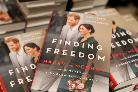 Copies of "Finding Freedom" are stacked up in Waterstones Piccadilly in London.